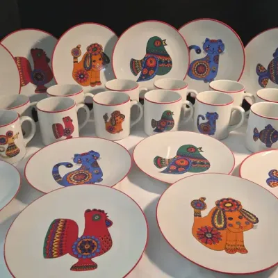 Bareuther Waldsassen Bavaria Germany Folk Art Animal Series #112 Cups & Plates - Set of 12