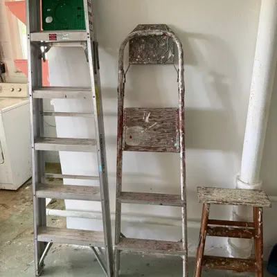 3 Ladders (2 Aluminum and 1 Wood Step Stool)