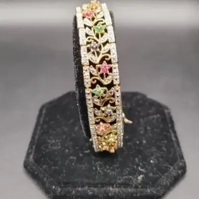Edwardian-Inspired Vintage Multi-Gemstone Floral Filigree Link Bracelet