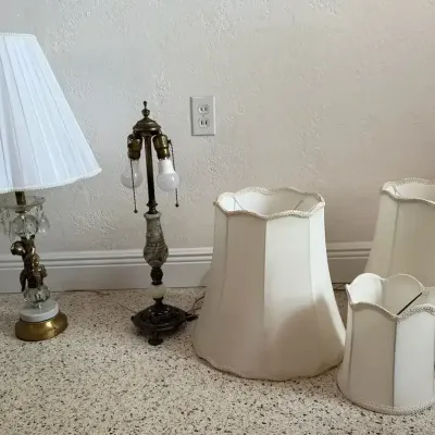 Hollywood Regency and Neoclassical Marble Lamps and 3 Decorator Lamp Shades