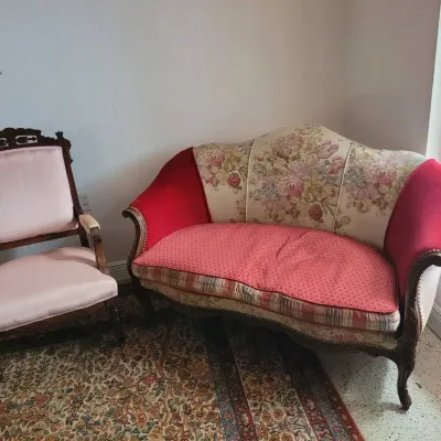 Victorian-Style Parlor Settee And Pink Victorian Accent Chair