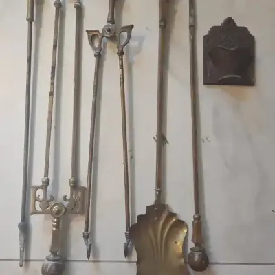 Cast Iron Match Holder And Brass Fireplace Tools