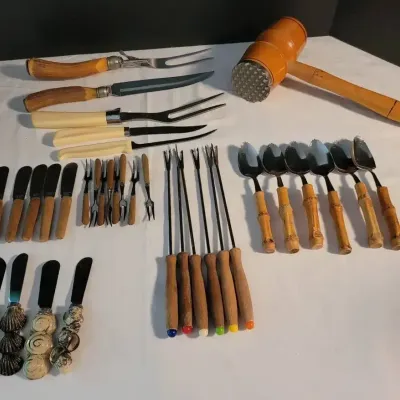Assortment of Vintage and Antique Table Service Utensils, Carving Tools, and Kitchen Implements