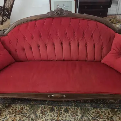 Victorian-Style Red Velvet Parlor Settee