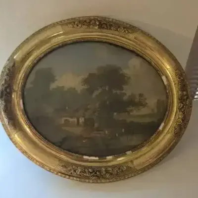 Vintage Lithographic Print Fused to Bubble Glass with Ornate Oval Gilt Frame