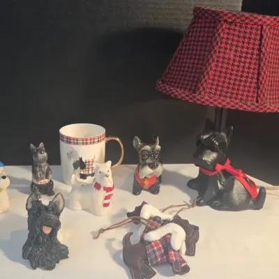 Scottie Dog Themed Items Incl. Dog Lamp, Cup, Magnet, S&P Shakers & Ornaments 