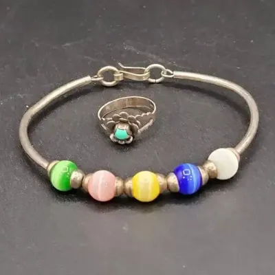 925 Silver Tiger Eye Bangle And Turquoise Ring Size 5.5