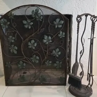 Vintage Wrought Iron Decorative Fireplace Screen & Accessories 