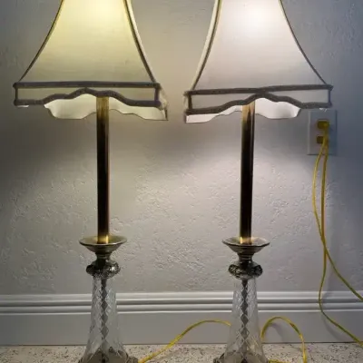 Vintage Hollywood Regency Brass Floor Lamps With Cut Glass Base