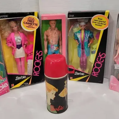 5 Boxed Mattel Barbie Dolls and Thermos