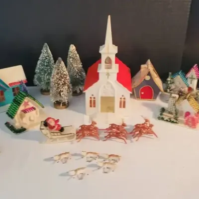 Vintage Mid-Century Plastic Christmas Village Set
