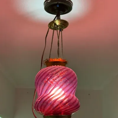 Victorian-Style Cranberry Glass and Brass Hanging Hall Light