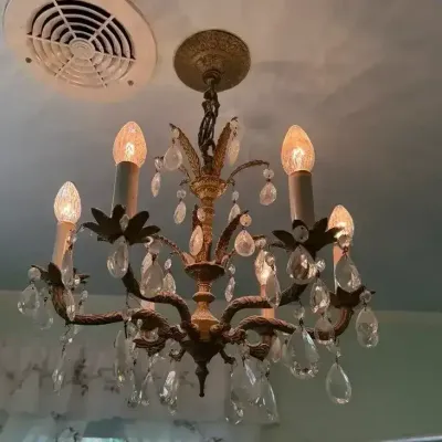 Spanish-Style Vintage Cast Brass and Crystal Chandelier