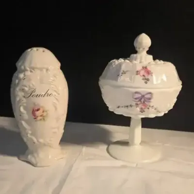 Westmoreland Footed Milk Glass Lidded Dish & Victoria Czecho-Slovakia Porcelain Powder Container