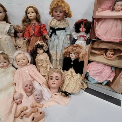 Collection of 11 Vintage and Antique Bisque Porcelain-Headed Dolls, Loose Doll Parts
