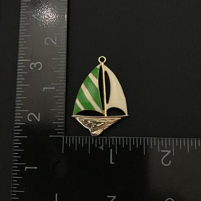 Gold tone vintage enamel sailboat pendant, marked Fornash