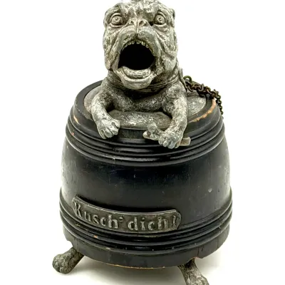 Sale Photo Thumbnail #24: Bulldog in Barrel Figural Mechanical Cigar Cutter 