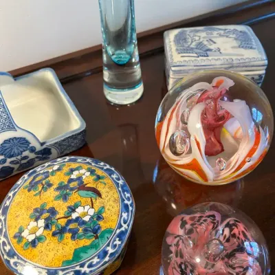 Art Glass Paperweights & Vase, Ceramic Boxes 