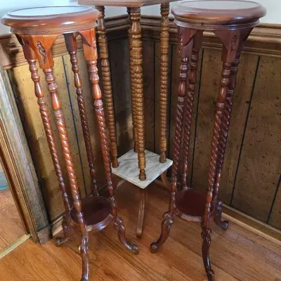 3 Vintage Tall Fern Stands, Barley Twist & Marble