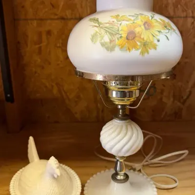 Milk Glass Chicken Dish and Lamp