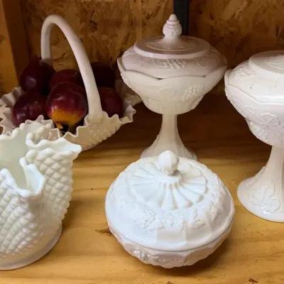 Milk Glass - 3 Covered Candy Dishes and 1 Pinched Ivy Dish