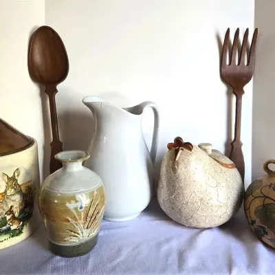 Farmhouse Decor: Antique Pitcher, Chicken Pottery, Ceramics, Fork & Spoon Wall Art