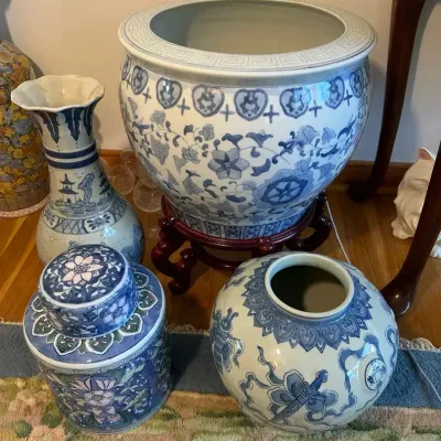 Asian Porcelain Fishbowl Planter W/ Wooden Stand And Other Asian Ceramic Decor 
