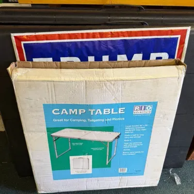3 Portable Folding Tables And A Trump Sign