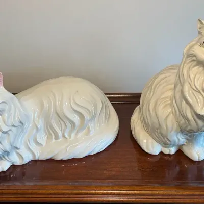 Pair of Mid-Century White Ceramic Persian Cat Figurines 