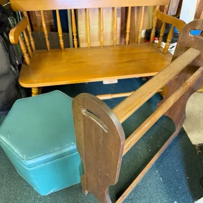 Wooden Bench and Blanket Stand Plus Vinyl Ottoman. 