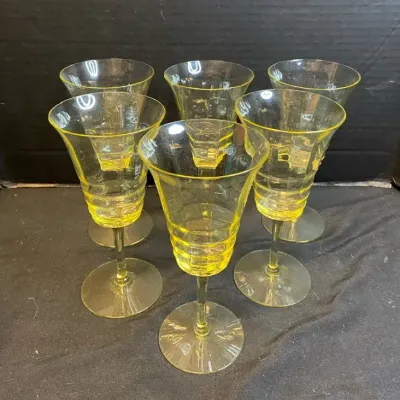 Six Yellow Depression Glass Stemmed Drinking Glasses