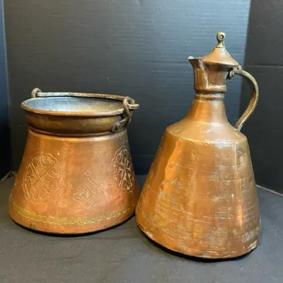 Vintage Engraved Copper Handled Pot & Large Turkish Copper Lidded Pitcher