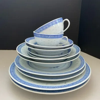 Vintage Chinese Porcelain Rice Grain Service For Two 