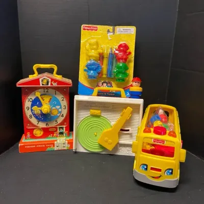 Vintage Fisher Price Toys Including Music Teaching Clock, Record Player, School Bus & Crayons