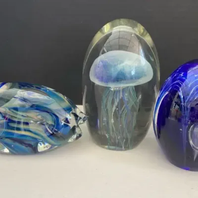 3 Glass Paper Weights Featuring A Jellyfish One Signed