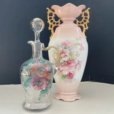 Victoria Austria Pink Porcelain Vase with Hand Painted Glass Pitcher