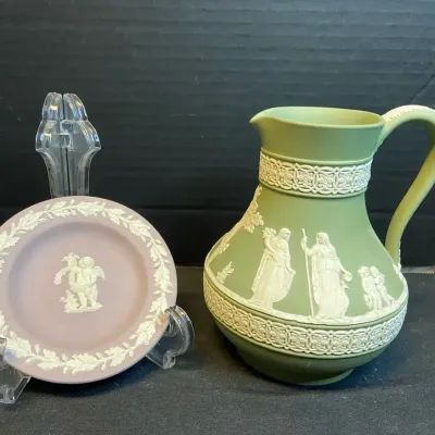Wedgwood England Sage Green 5” Pitcher & Lilac Color Cupid Plate 