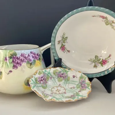 Large Porcelain Pitcher Hand Painted in Japan with Yamatsu Bowl and Hand Painted Dish