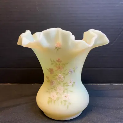 Fenton Art Glass Hand Painted Floral Vase With Ruffled Edge