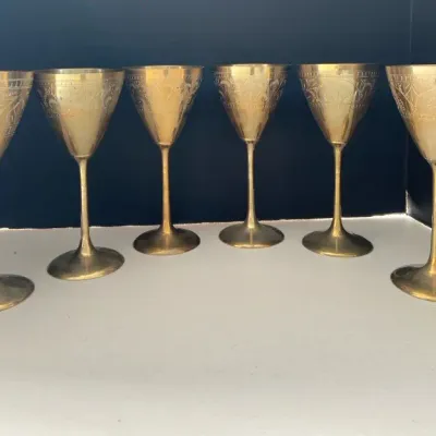 Vintage India Etched Brass Wine Goblets