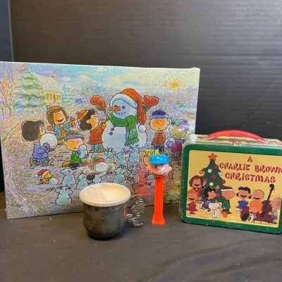 Vintage Silverplate Snoopy Baby Cup, Charlie Brown Christmas Mini Lunchbox, Peanuts Puzzle 
