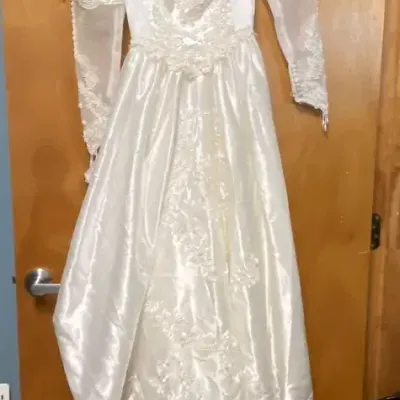 Vintage Satin Formal Long Sleeve Wedding Dress With Lace & Pearl Details