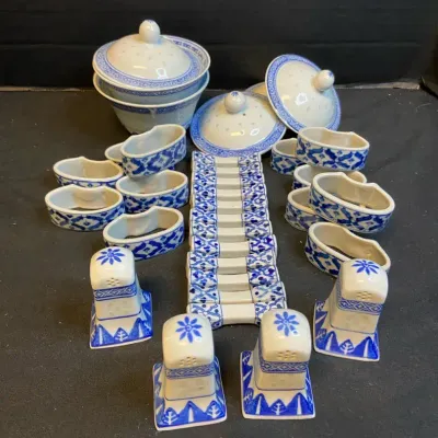 Vintage China Rice Grain Bowls + Four Lids, Napkin Rings, Chopstick Holders, Salt& Pepper Shakers