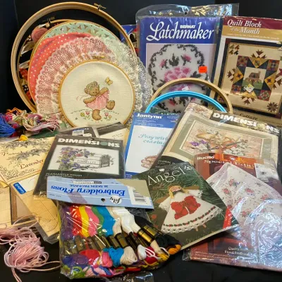 Large Lot Of Cross Stitch Kits, Floss, Rings, Latchmaker & Embroidery Kit