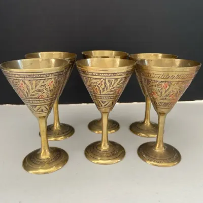 Set Of Six Vintage Etched Brass Barware Made In India
