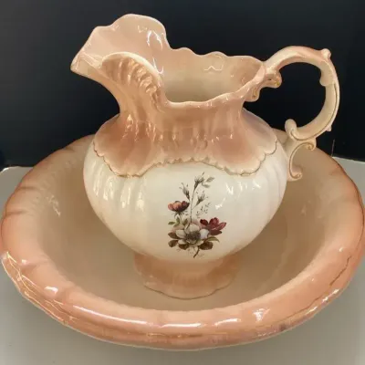 Vintage Dusty Rose Porcelain Pitcher and Basin