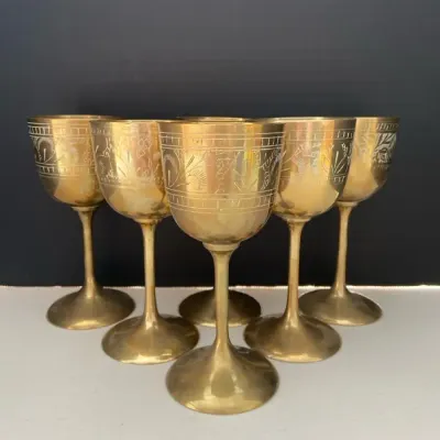 6 Vintage Brass India Etched Goblets