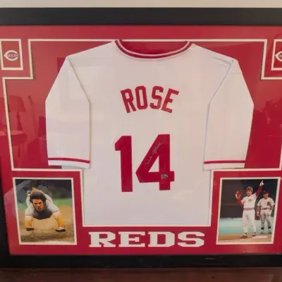 Framed Cincinnati Reds Jersey Numbered 14 and Hand-signed by Pete Rose, With Action Photos
