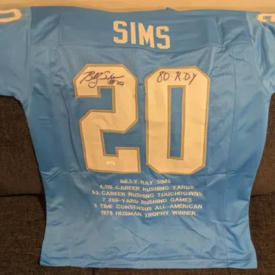 Custom Detroit Lions Football Jersey Autographed and Inscribed by Former Running Back Billy Sims