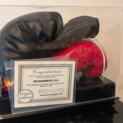 Red Everlast Boxing Glove w Dual-name Signatures by Muhammad Ali & Cassius Clay + Signed Joe Frazier